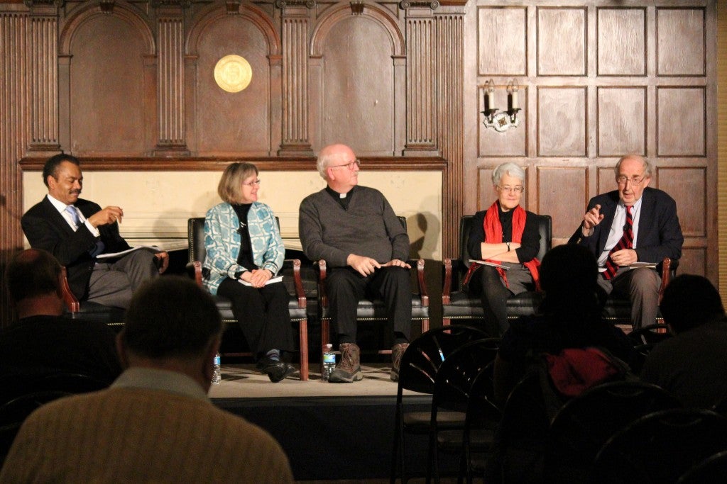 Discussing Jesuits and Justice in D.C. From left to right: Moderator, Professor Maurice Jackson, Kim Cox, President of the McKenna Center, Tom Gaunt, S.J. Ph.D., executive director of CARA and President of L'Arche Greater Washington, Diane Roche, RSCJ, director, Office of Justice, Peace and Integrity of Creation of the Stuart Center for Mission, Educational Leadership and Technology, and Colman McCarthy, founder and director, Center for Teaching Peace.