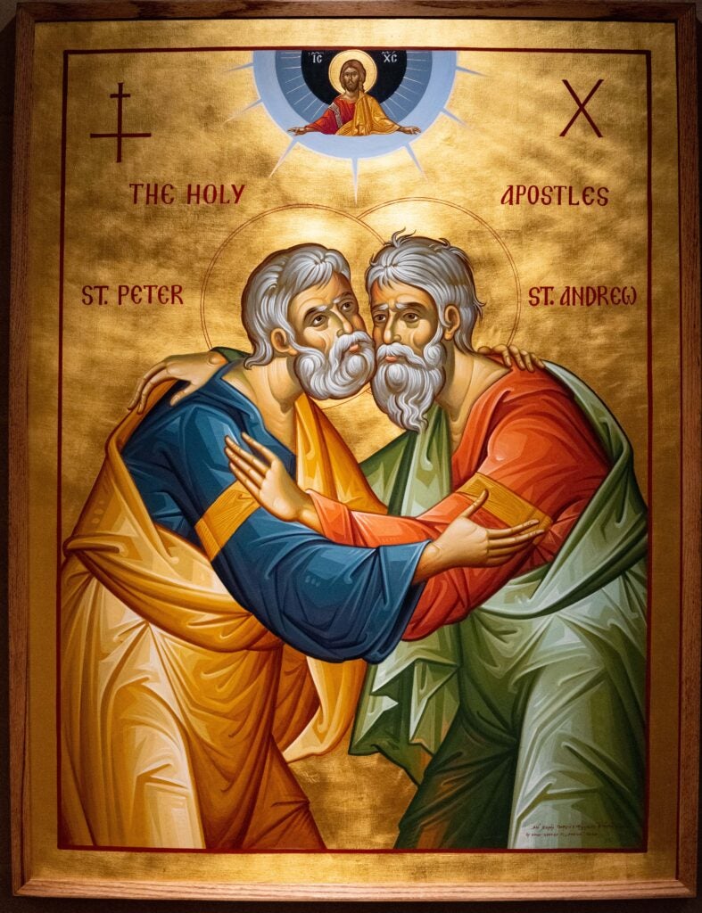 An icon depicting St. Peter embracing St. Andrew