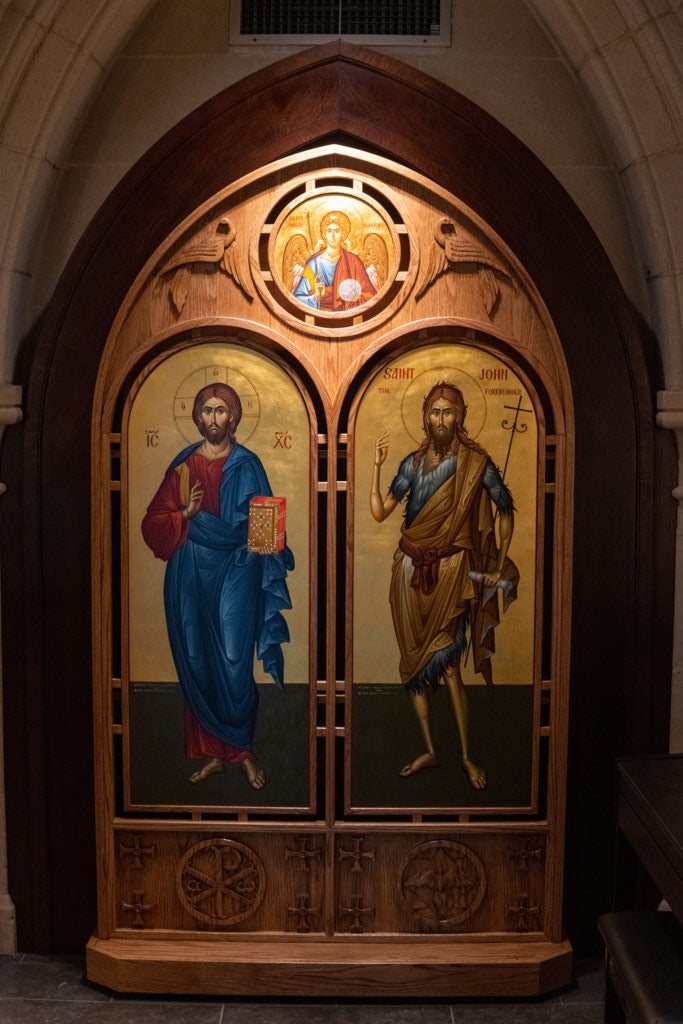 right-hand panel depicting Christ in His Second Coming flanked by St. John the Baptist, called the Forerunner, who points to the Lamb of God.