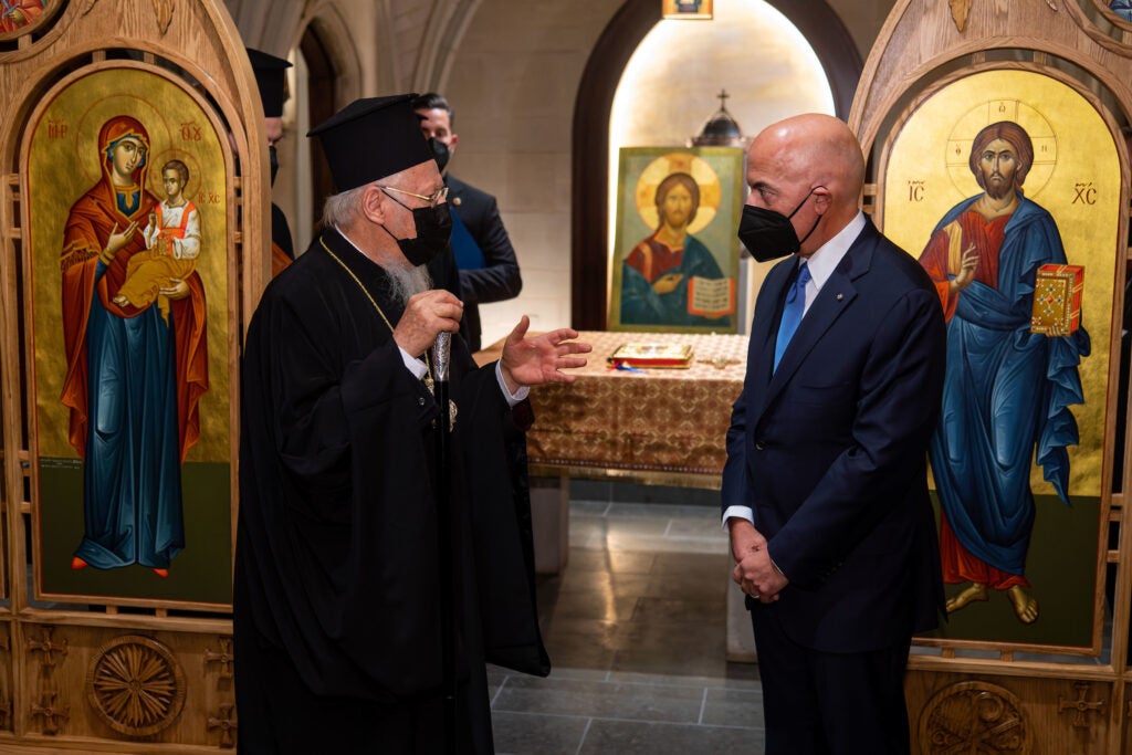 The Ecumenical Patriarch greets a member of Georgetown's Board of Directors
