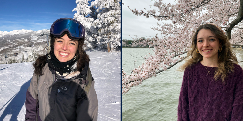 Photos of two women side-by-side, on the left is Mallory in ski gear on a mountain; on the right is Ursula standing in front of a cherry tree in blossom