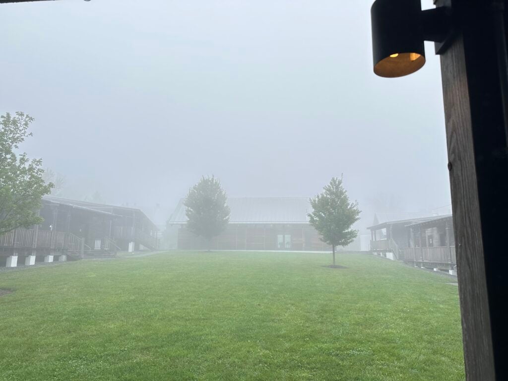 Cabins surrounding a green lawn in the fog. 